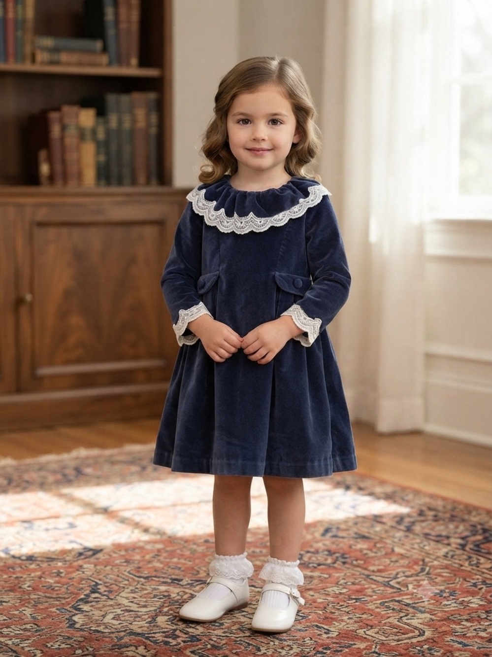 La Coqueta Navy Velvet Lace-Trim Girls' Dress